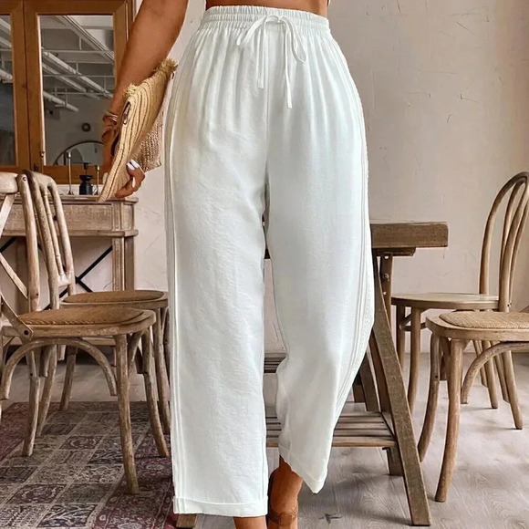 White Casual Women's Solid Color Tapered Pants - Picture 4 of 6